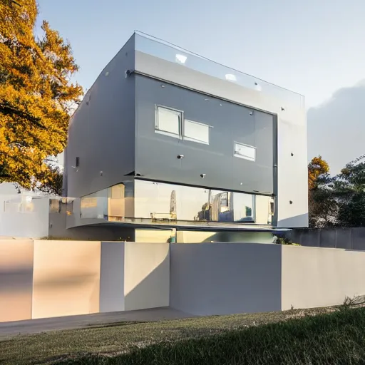 Image similar to extremely detailed non-Euclidean stunning sophisticated beautiful house of 5 levels, stunning volumetric light, sunset, colored concrete and translucent material, stunning skied, 8k