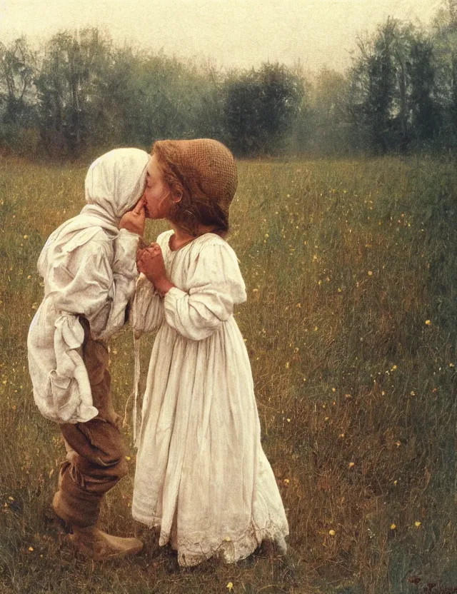 Prompt: peasant boy and girl first kiss, on a village, Cinematic focus, Polaroid photo, vintage, neutral colors, soft lights, foggy, by Steve Hanks, by Serov Valentin, by lisa yuskavage, by Andrei Tarkovsky oil on canvas
