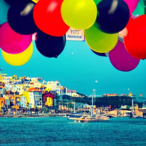 Prompt: photo of a lot of birthday balloons floating above a beautiful maritime port. sharp focus, highly - detailed, award - winning, epic cinematic