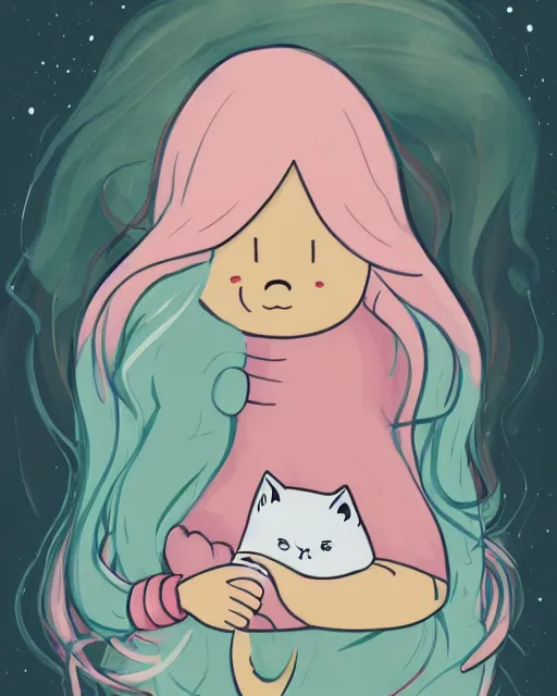 Image similar to a portrait of a young woman with very long pink hair undulating on the wind, light brown eyes, slightly chubby, pale skin, pretty, cute, holding a white cat. adventure time style