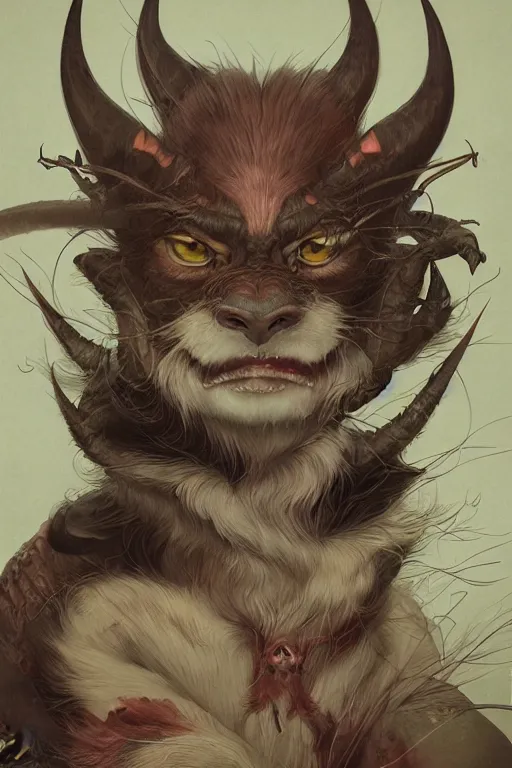 Image similar to a portrait of a japanese devil animal illustrated by miyazaki by karol bak, james jean, tom bagshaw, rococo, sharp focus, trending on artstation, cinematic lighting, hyper realism, octane render, 8 k, hyper detailed, vivid, ultra detailed, highly detailed