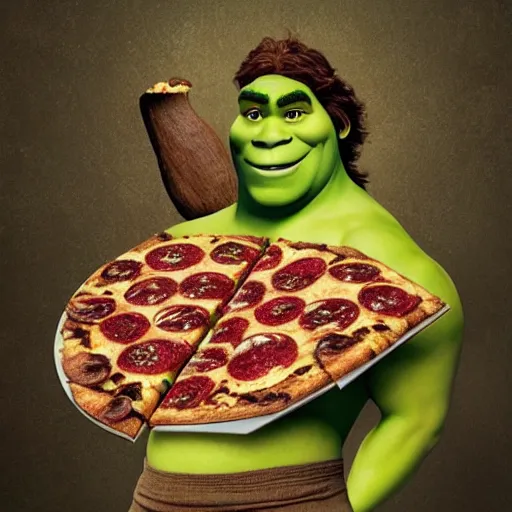 Prompt: a gorgeous shrek with long brown hair, eating infinite pizza, photo by oliver valsecchi, realistic, perfect face, half body shot, wide angle, sharp focus, 8 k high definition, insanely detailed, intricate, elegant, art by stefan kostic, cherry blossoms