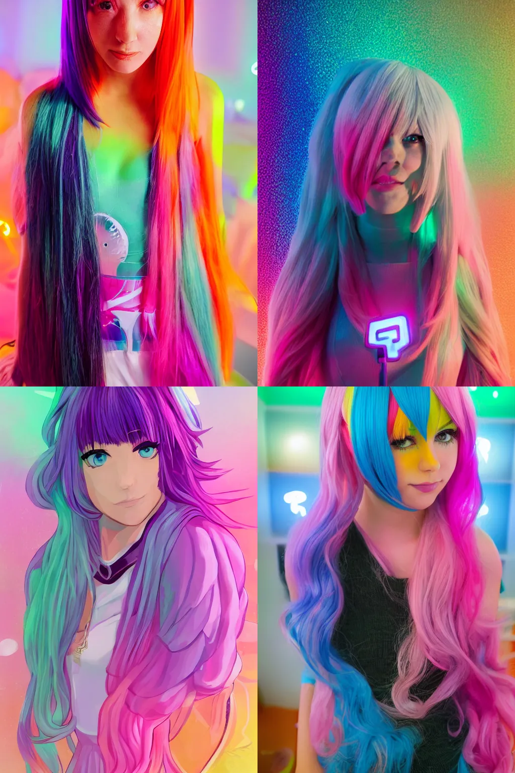 Prompt: Portrait of Lauren Burch in ZeroTwo cosplay, gradient hair, inside multicolor led pastel gamer bedroom