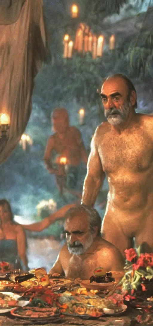 Image similar to a 3 5 mm color closeup macro hi def picture of sean connery as zardoz as he's accessing third eye second level during his 9 6 6 th birthday party along with female friends. everything is of the second level including plates of green bread and hams on the isle of kun lao. volumetric lighting with picoso hotdogs. atmospheric. scary fog national geographic.