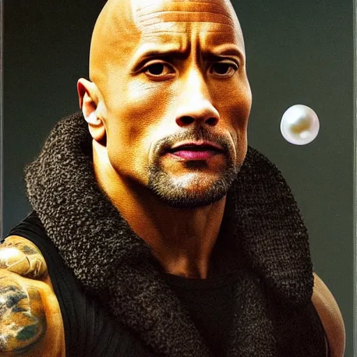 Prompt: Dwayne Johnson with a pearl Johannes Vermeer