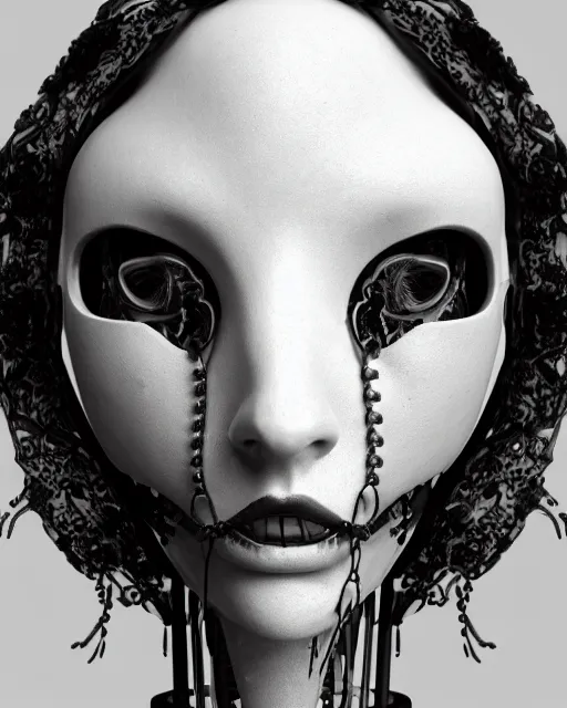 Image similar to black and white dreamy foggy smoky profile face portrait, one silver steampunk realistic eye biomechanical beautiful young female cyclope - cyborg - robot bust, body ribs meshes,, volumetric light, hibiscus flowers, by hg giger, rim light, by dora maar and cecile beaton, big gothic fashion pearl embroidered collar, 8 k
