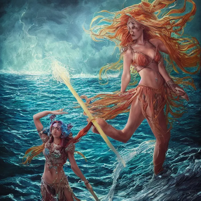 Image similar to sea witch casting a spell in the water, d & d style, trending on artstation, intricate, highly detailed, vivid painting, colorful, art by alexandr leskinen