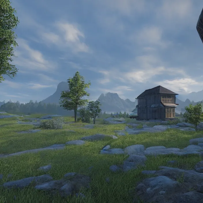 Image similar to a building in a serene landscape, unreal engine