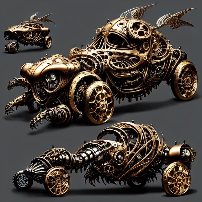 Image similar to biomechanical shiny steampunk vehicle reminiscent of fast sportscar with robotic parts and (glowing) lights parked in ancient lush palace, gothic and baroque, brutalist architecture, ultradetailed, creepy ambiance, fog, artgerm, giger, Intricate by Ellen Jewett and Josan Gonzalez and Giuseppe Arcimboldo