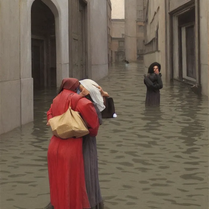 Prompt: two women hugging with a paper bag over the head, dressed in plastic bags, on flooded street of magnificent cathedral, highly detailed, artstation, art by , edward hopper, zdislav beksinski, wayne barlowe