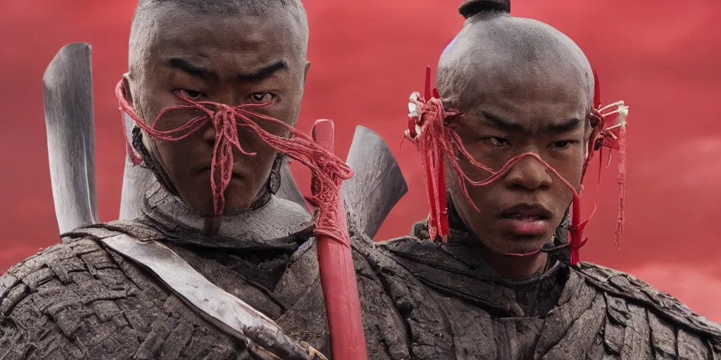 Image similar to a film still of a light skinned black man starring as an ancient samurai in a japanese blockbuster film, the sky is red, shallow depth of field, cinematic, award winning cgi, vfx, film still