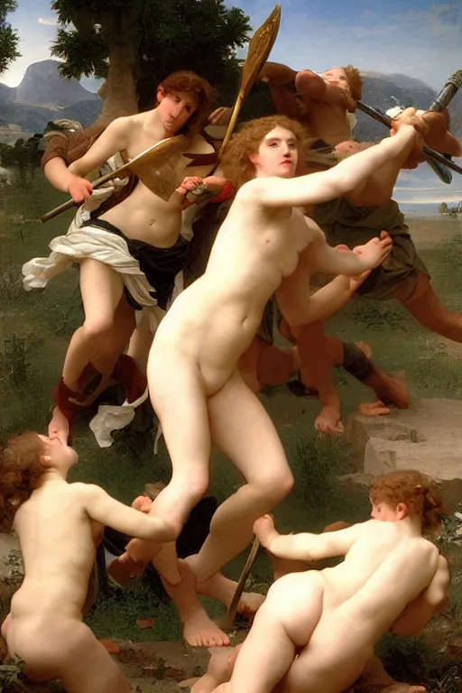 Image similar to battling Spartans against sheep in the style of  William Adolphe Bouguereau