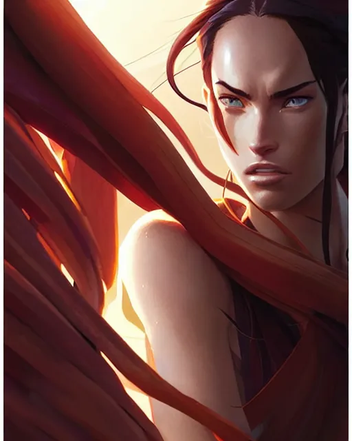 Image similar to azctec warrior, megan fox, detailed perfect face, exquisite details, fire magic, mid view, design on a white background, by studio muti, greg rutkowski makoto shinkai takashi takeuchi studio ghibli