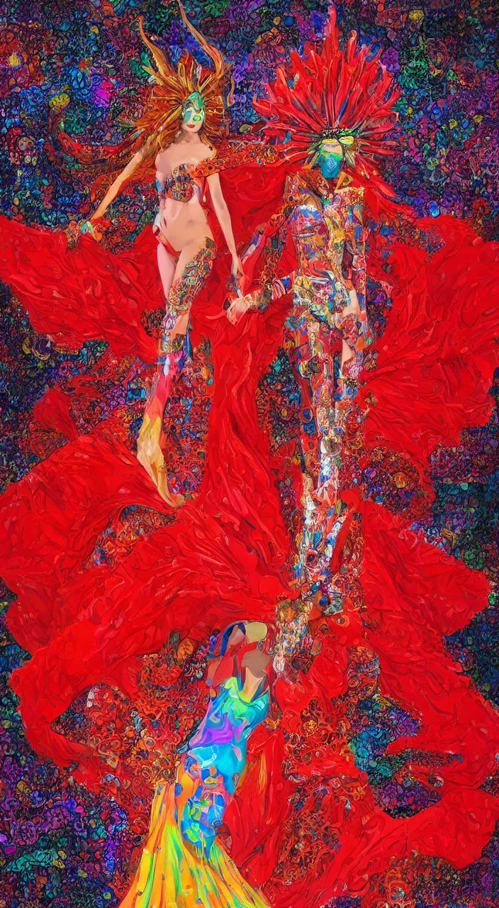 Prompt: a female character design wearing psychedelic high fashion, a red sequined bodysuit, an alexander mcqueen headdress, costume by eiko ishioka, haute couture, dior, and a red cape by moebius, steven outram, colorful and psychedelic, hd, 8 k, artstation