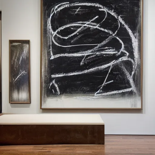 Image similar to large scale chalkboard painting by cy twombly, sparse brush strokes, high resolution art scan, well lit