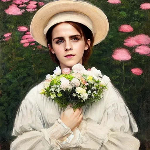 Image similar to laughing mouth open thick paint brush strokes full body fashion model emma watson by Jeremy Lipking by Hasui Kawase by Richard Schmid (((smokey eyes makeup eye shadow fantasy, glow, shimmer as victorian woman in a long white frilly lace dress and a large white hat having tea in a sunroom filled with flowers, roses and lush fern flowers ,intricate, night, highly detailed, dramatic lighting))) , high quality