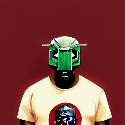 Image similar to portrait of mf doom, dr. doom metal steel mask, dark skin underneath. red t - shirt, beige complex background, intricate, elegant, highly detailed, digital painting, artstation, concept art, smooth, sharp focus, illustration, by anato finnstark, boissb - blanca. j, cindy avelino, clint cearley, anna podedworna