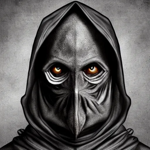 prompthunt: blind pale man, scarred face, dark hood, black robes, mystery,  fantasy, character, artwork, detailed