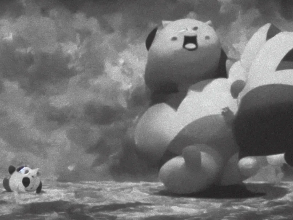 Image similar to Snorlax as the Hindenburg crashing, still from 1937 film reel