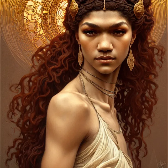 Prompt: ancient queen zendaya, symetrical, diffuse lighting, fantasy, intricate, elegant, highly detailed, lifelike, photorealistic, digital painting, artstation, illustration, concept art, 4 k, smooth, sharp focus, art by john collier and albert aublet and krenz cushart and artem demura and alphonse mucha