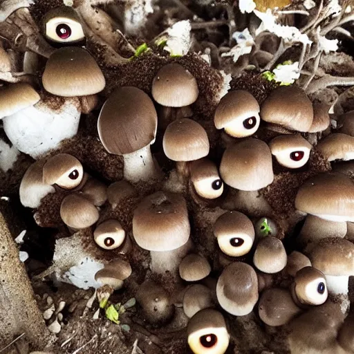 Prompt: a mushroom with clusters of eyes growing from it