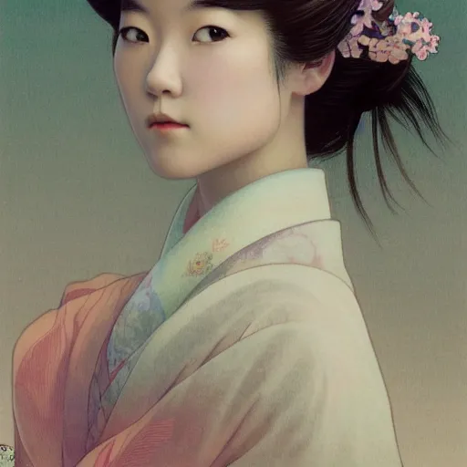 Prompt: side portrait of a young japanese woman wearing a kimono, long hair, headshot, hyper realistic, pale skin, 4k, rule of thirds, extreme detail, detailed drawing, trending artstation, hd, fantasy, D&D, realistic lighting, by Alphonse Mucha, Greg Rutkowski, sharp focus, backlit, elegant