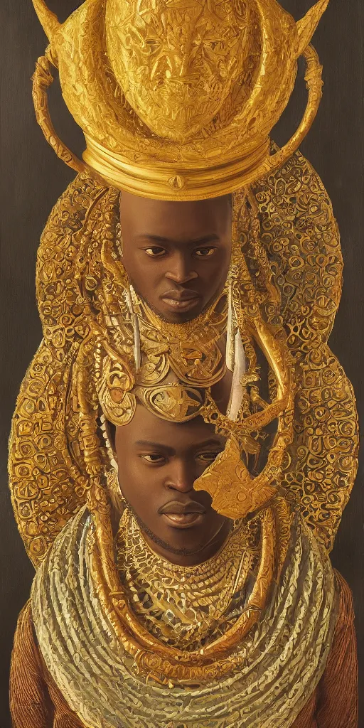 Image similar to a stunning and noble highly detailed romantic period style portrait of Mansa Musa by Josep Tapiró Baró, trending on artstation, oil painting masterpiece, symmetry, fractals, African iconography