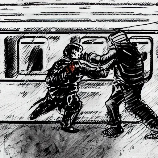 Image similar to fight between grandmas in the train moscow-ryazan, cyberpunk, neon, concept art