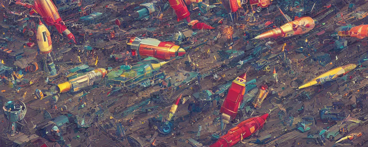 Prompt: illustration of a cosmic junkyard with old colorful rockets and broken spaceships, detailed digital painting, masterpiece, rendered in Octane, by Moebius.