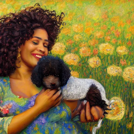 Prompt: egyptian man with long curly hair in a field of flowers, alongside a pregnant black woman with curly hair, with a small black puppy in the middle, golden hour, vintage, impressionist painting, fine art, oil painting, dreamy, pastel, laughing, happy, intricate details, sharp, peaceful, serene