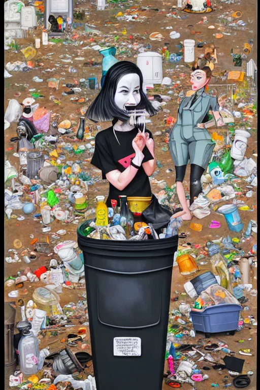 Image similar to full view, from a distance, of anthropomorphic trashcan duchamp, full of trash, style of yoshii chie and hikari shimoda and martine johanna, highly detailed