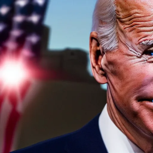 Prompt: joe biden in dark shadow very angry glowing red laser eyes, backlit, 8 k, rule of thirds, ultra detailed.