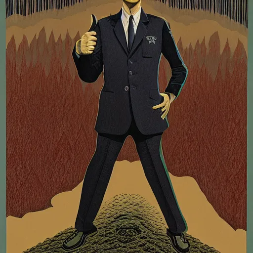 Image similar to Twin Peaks poster artwork by Michael Whelan, Rendering of Dale Cooper giving thumbs up.