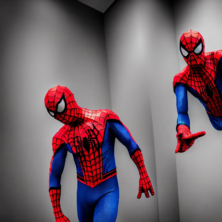 Image similar to spider man suit in a museum, realistic, hdr, dramatic lighting, photo, dslr photo, stunning image