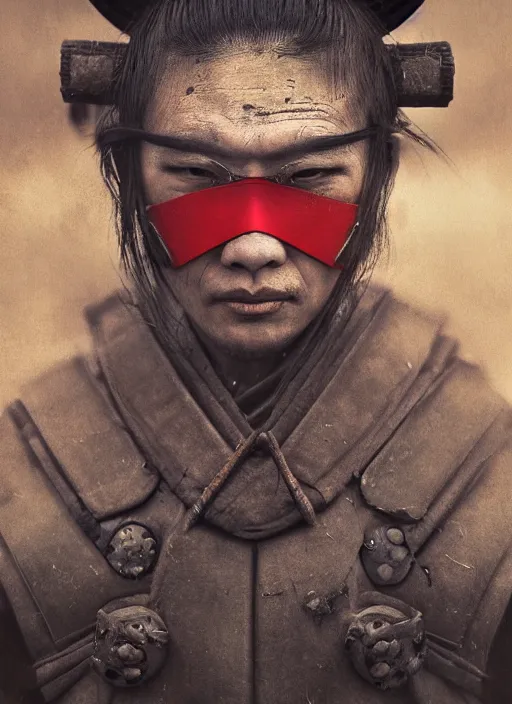 Image similar to samurai portrait photo, wearing mempo mask, after a battle, dirt and unclean, extreme detail, cinematic, dramatic lighting render, photorealism photo by national geographic, tom bagshaw, masterpiece