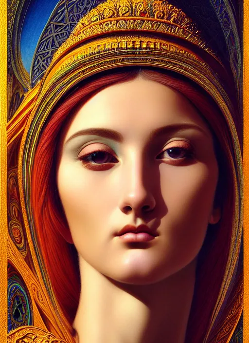Image similar to portrait of a beautiful young goddess' face merging with a cathedral building, unusual beauty, etheric, outworldly colours, emotionally evoking symbolic metaphors, head in focus, fantasy, ornamental, intricate, elegant, highly detailed digital painting, artstation, concept art, painterly, golden ratio, sharp focus, illustration, art by John William Godward and Zdzisław Beksiński,
