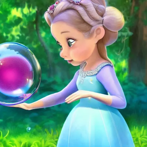 Image similar to a little girl in a beautiful garden blowing bubbles in a still from a disney movie. beautiful disney cartoon character art, high quality, detailed face