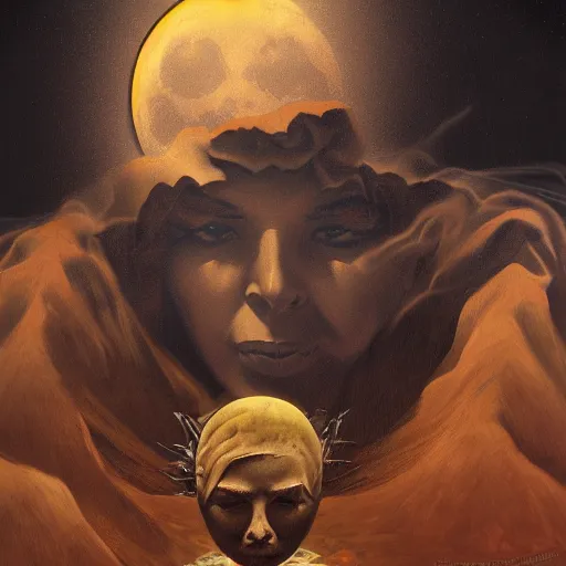 Image similar to conjecture of wise old beautiful woman face Desert Spirit, under unresolved evil moon illusion, in the style of Frank Frazetta, Jeff Easley, Caravaggio, extremely clear and coherent, clear lines, 8K revolution