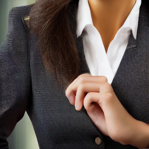 Image similar to amazonian woman in business attire, closeup, stoic, realistic, high resolution, in office building
