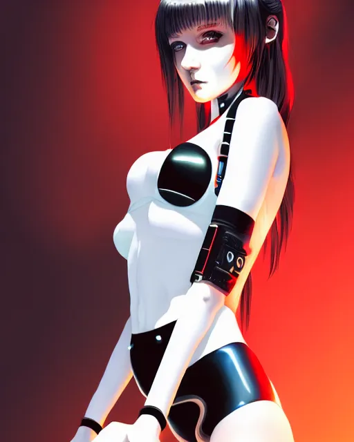 Image similar to a detailed potrait of a cyberpunk cyborg girl with black and red parts, white stockings, white swimsuit, perfect face, realistic shaded perfect face, detailed. night setting. very anime style. realistic shaded lighting poster by ilya kuvshinov katsuhiro, unreal engine, global illumination, radiant light, detailed and intricate environment, full length and white stockings