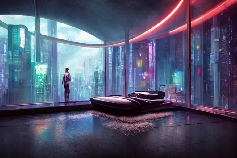 Image similar to a futuristic bedroom with large curved ceiling high windows looking out to a far future cyberpunk cityscape, cyberpunk neon lights, raining, scifi