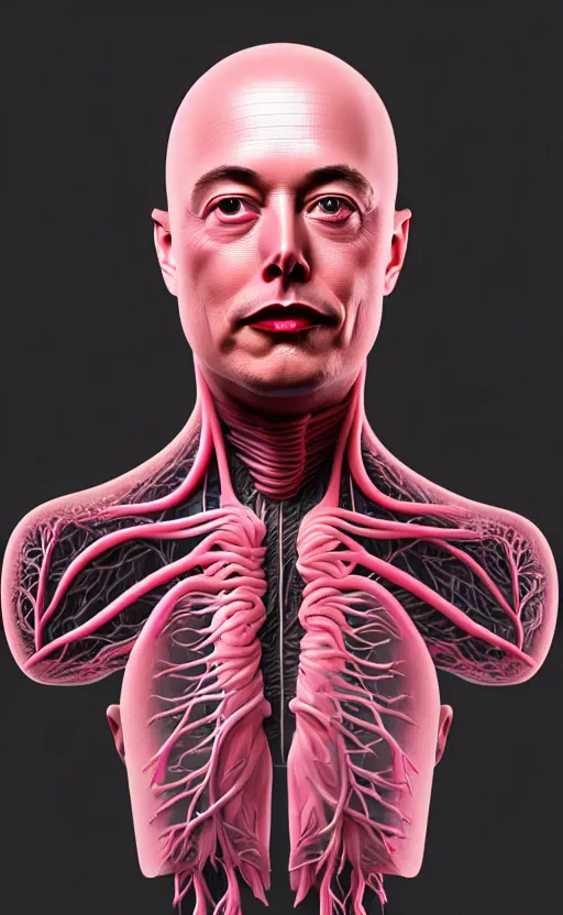 Prompt: a 3D render of a beautiful profile face portrait of a Elon Musk, 150 mm, beets, Mandelbrot fractal, anatomical, flesh, facial muscles, wires, microchip, veins, arteries, full frame, microscopic, elegant, highly detailed, flesh ornate, elegant, high fashion, rim light, octane render in the style of H.R. Giger and Man Ray