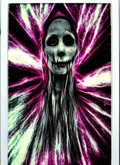 Prompt: gothic soul - spirit with galaxy dead eyes, random decor of necro blast, psycho colors veins, realistic flavor, twisted sorrow fade soft, polaroid 1 1