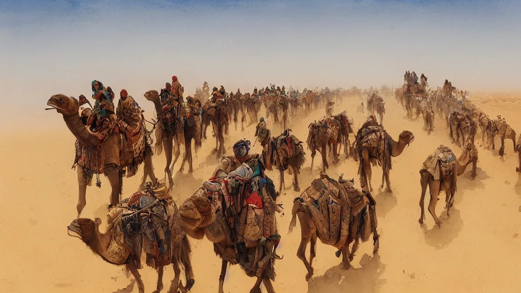 Image similar to view of arabian merchants lined up riding camels in the desert, watercolored, jakub rozalski, dark colours, dieselpunk, artstation