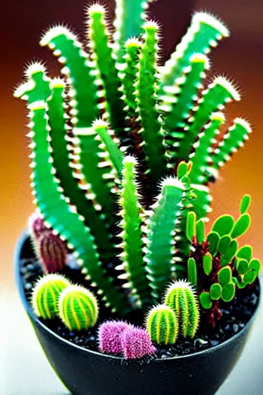 Image similar to crystals shaped like exotic succulent fern strange cacti, a potted plant made of gemstones in a windowsill