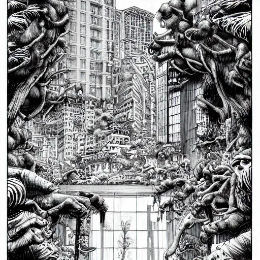 Image similar to 200 Hotels Manga panel award winning black and white art by Frank Zappa and Kim Jung Gi pen highly detailed pen and ink matte painting