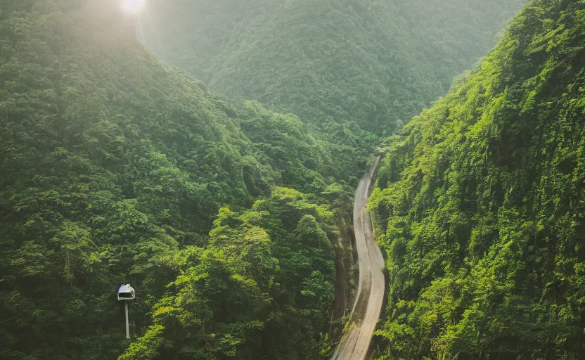 Prompt: Taiwan mountainous forests on the moon street photo, Khrushchyovkas, sunrise, flying scooters, long shadows, photorealistic, stunning, magnum photos 4k