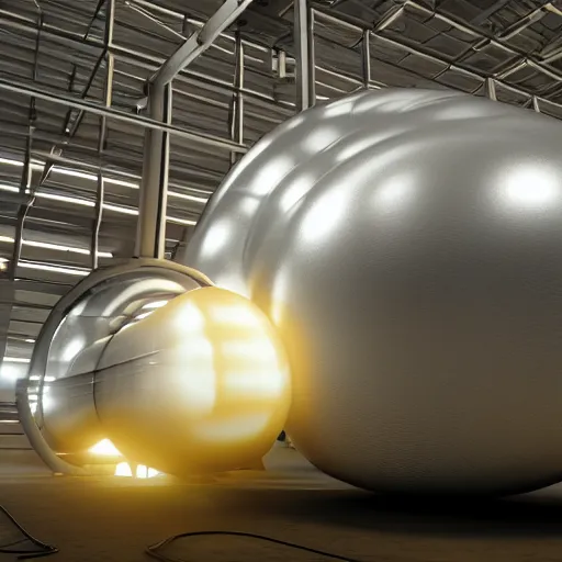 Image similar to big metallic capsule connected to pipelines, purpose is pump, standing in large industrial hall, designed by best engineers, raytracing, reflections