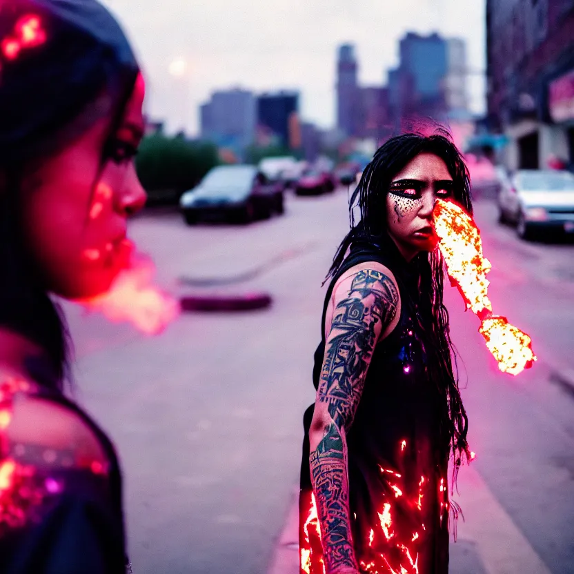 Image similar to Cinestill 50d candid photography of a city on fire, extreme wide shot of a poor techwear mixed woman wearing thick mascara and dark glitter makeup crying outside of a city on fire, tattoos, extreme long shot, full shot, blurry, 4k, 8k, hd, full color