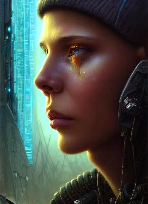 Image similar to closeup portrait shot of a cyberpunk teenager in a scenic dystopian environment, intricate, elegant, highly detailed, centered, digital painting, artstation, concept art, smooth, sharp focus, illustration, artgerm, tomasz alen kopera, peter mohrbacher, donato giancola, joseph christian leyendecker, wlop, boris vallejo